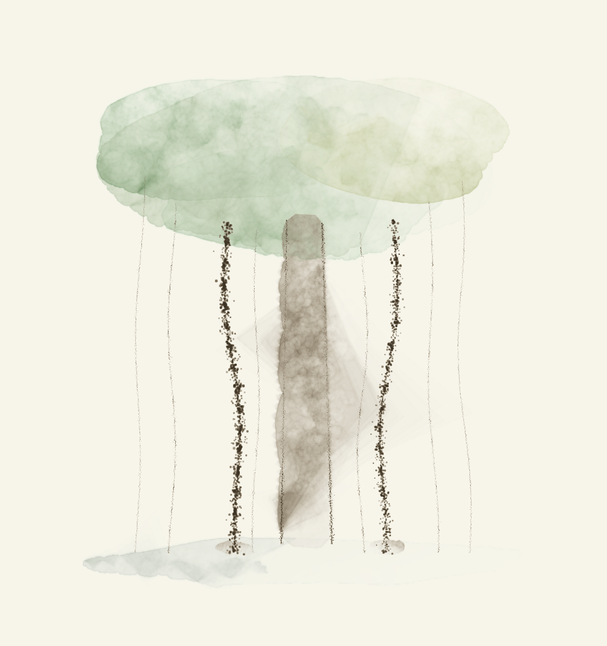 Watercolour of a banyan tree, its aerial roots reaching the ground and becoming trunks