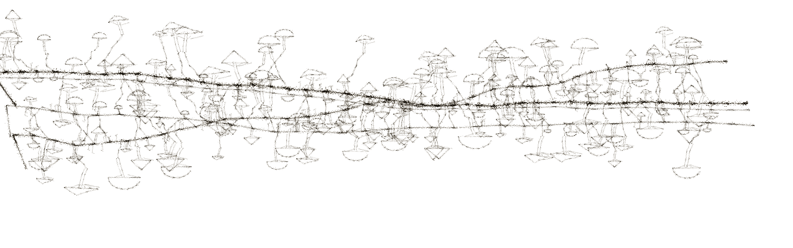 Pencil drawing of a mycelial network: meandering arteries sprouting mushrooms above and below
