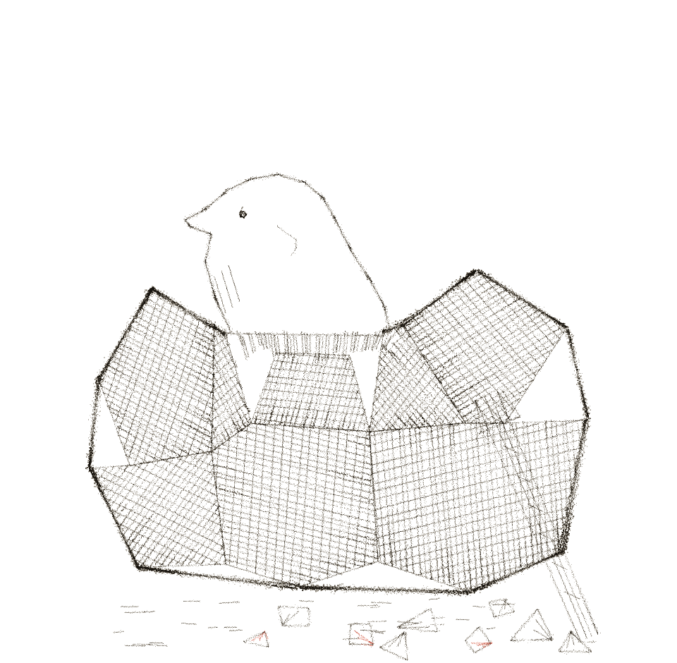 A bird half-carved out of a rough hatched block of stone; a chisel leans against the block and the carved-away chips lie below, a few tinted rust